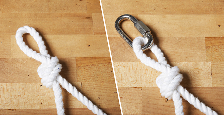Tie knot at top of folded rope.